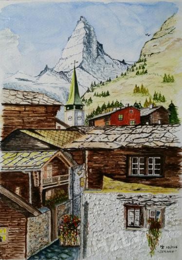 24 x 32 cm, Schmincke colours, on Canson Montval 300, "Zermatt, Swiss"