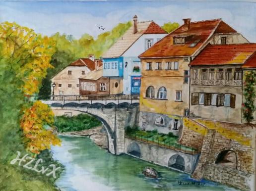 30 x 40 cm, "House with bridge" , painted on Premium canvas