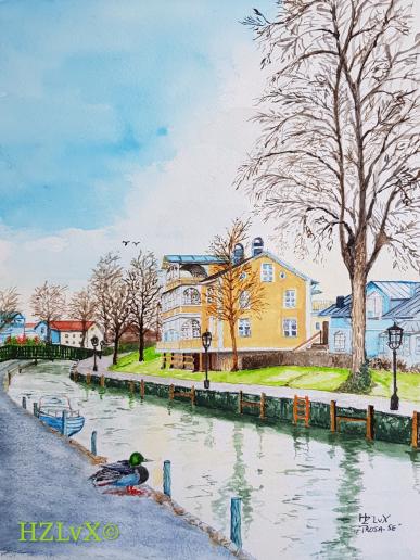 24 x 32 cm, Schmincke colours, on Canson Montval 300, " along the River Trosa A" Trosa, Sweden