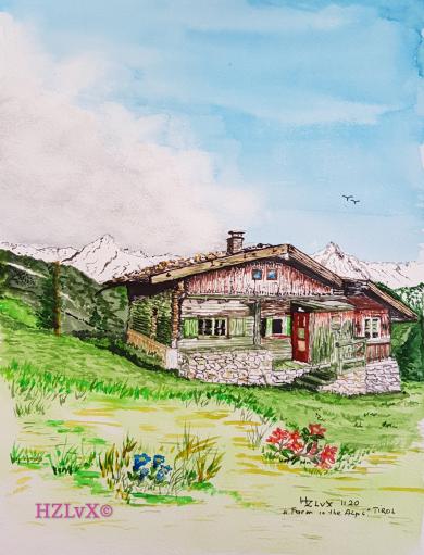 24 x 32 cm, Schmincke colours, painted on Canson Montval 300, "Farm in the Alps, Tirol, Austria"