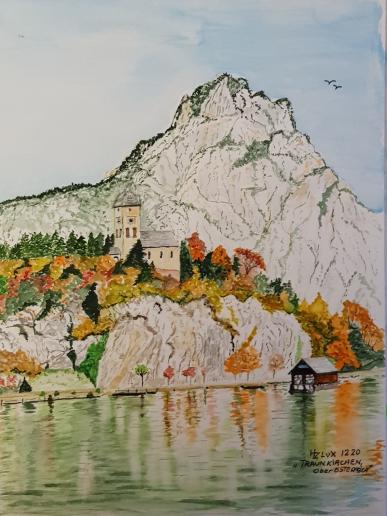 24 x 32 cm, Schmincke and Lukas colours, painted on Canson Montval 300, "Traunkirchen, Upper Austria""