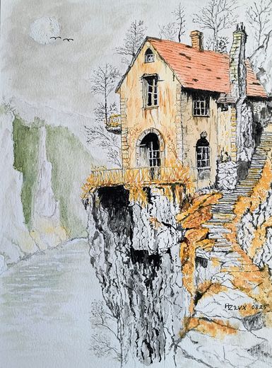 24 x 32cm. " old house on abysm ".     " Altes Haus am Abgrund "