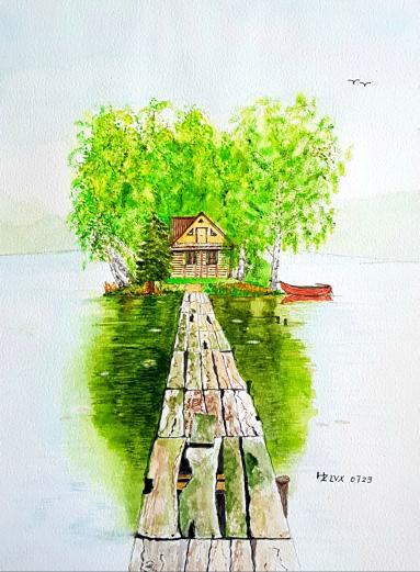 24 x 32 cm,  "Lonesome House with red Boat"