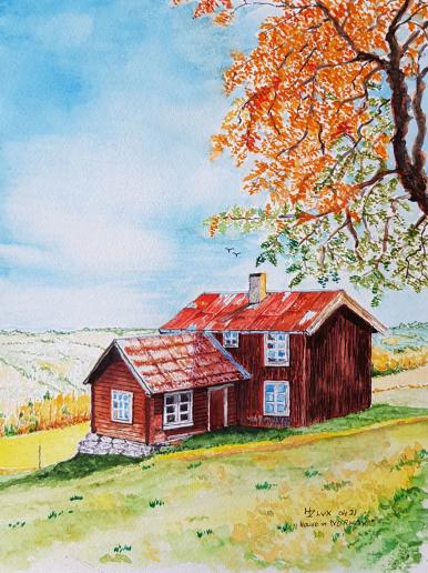 24 x 32 cm, Schmincke and Lukas colours, painted on Canson Montval 300, "Old House, Norway"  Photo by @ Hysvaer